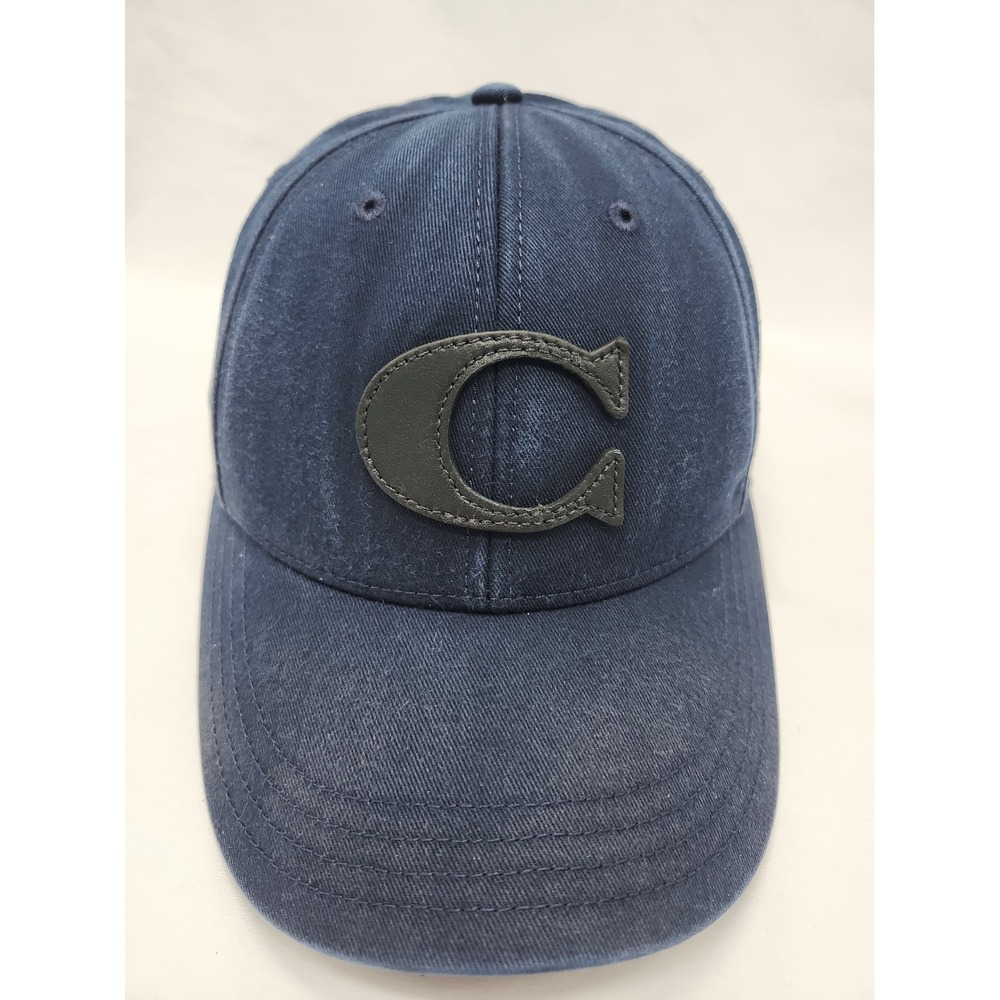 NEW COACH Men's Baseball Hat Navy Black Leather SIG C Logo VARSITY OS